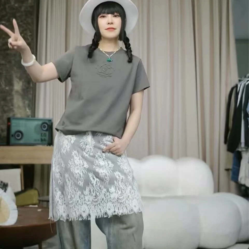 infobyfive福利春季新款假两件玫瑰蕾丝短袖T恤NF0503213