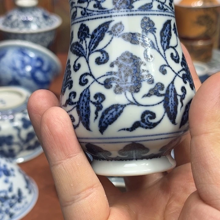 景德镇青花炸料编织牡丹威士忌杯