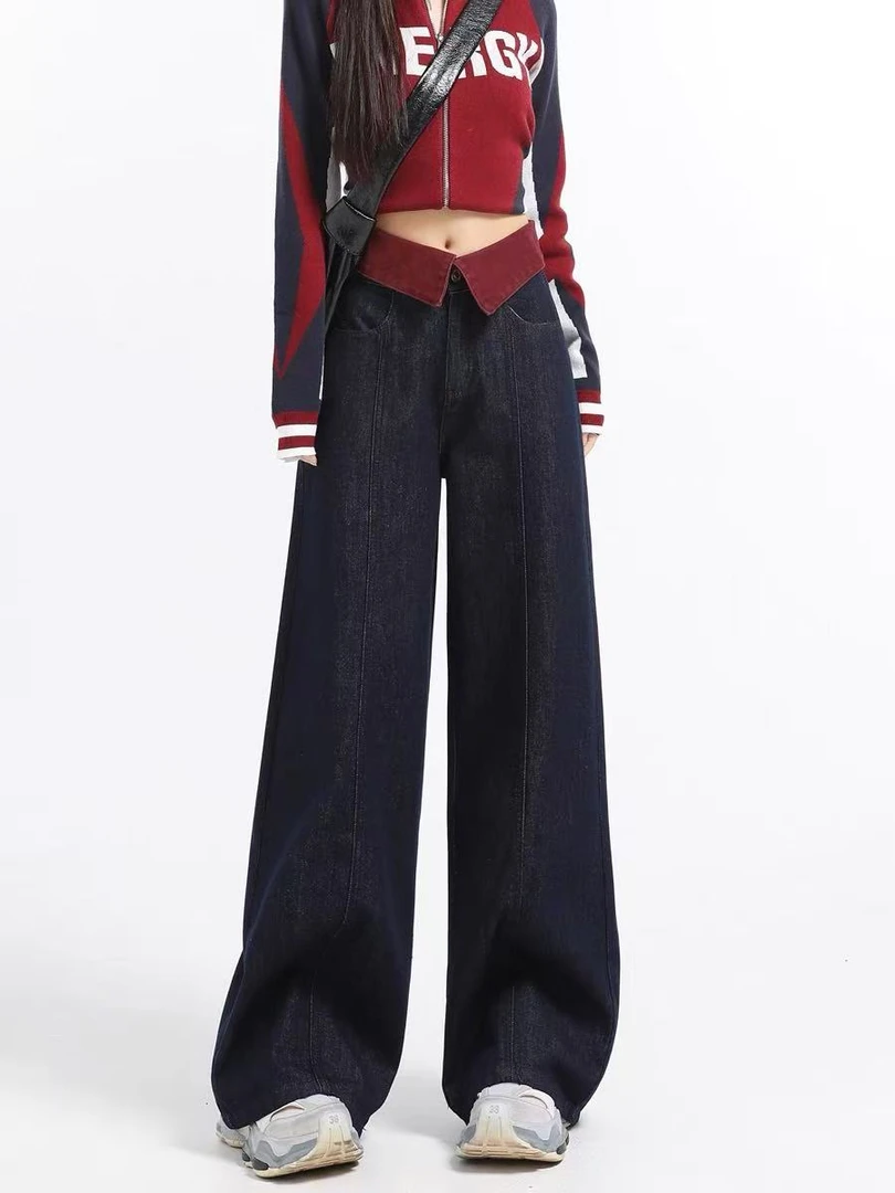 2025新款丹宁蓝撞色翻边阔腿牛仔裤