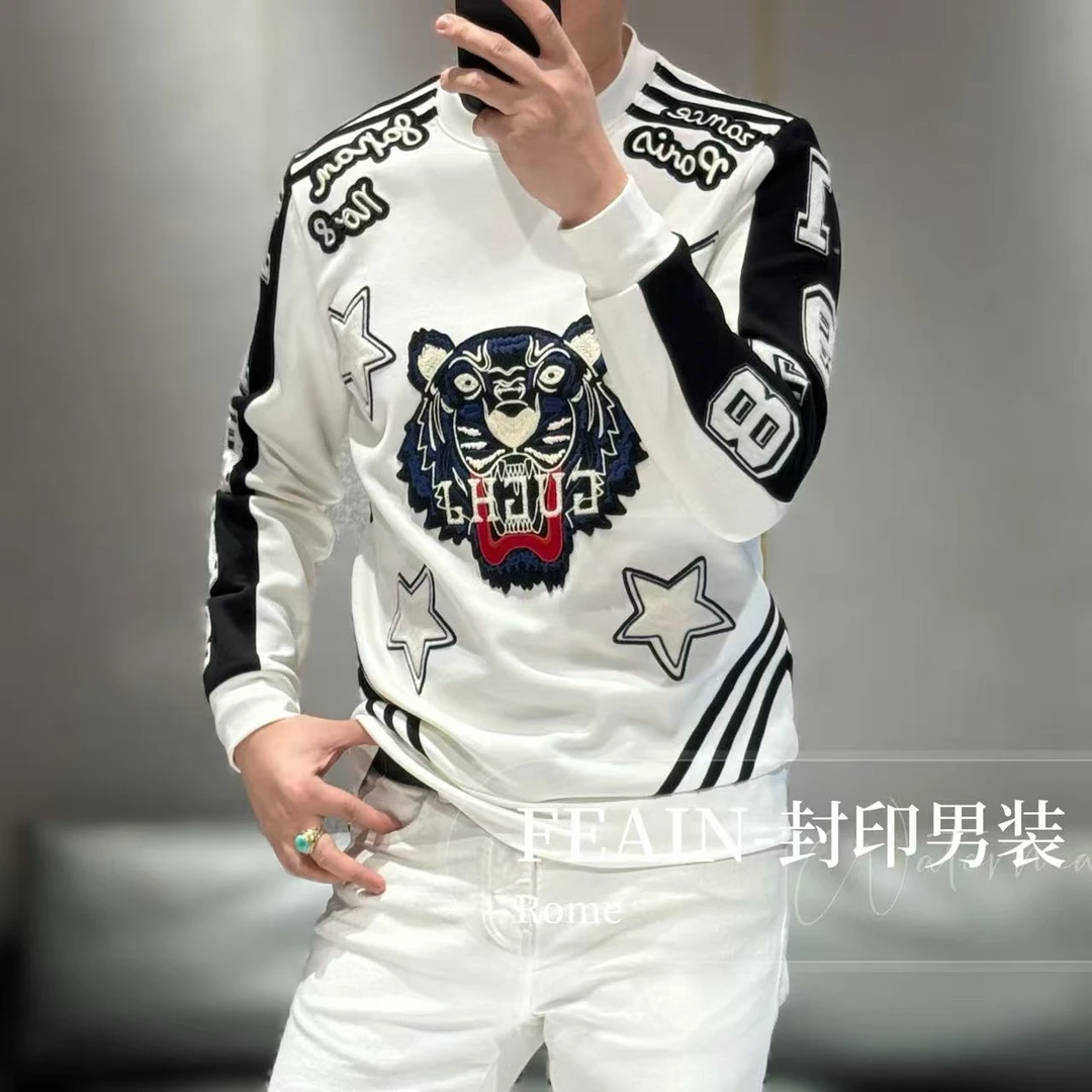 高端男士立体重工刺绣老虎头卫衣9065