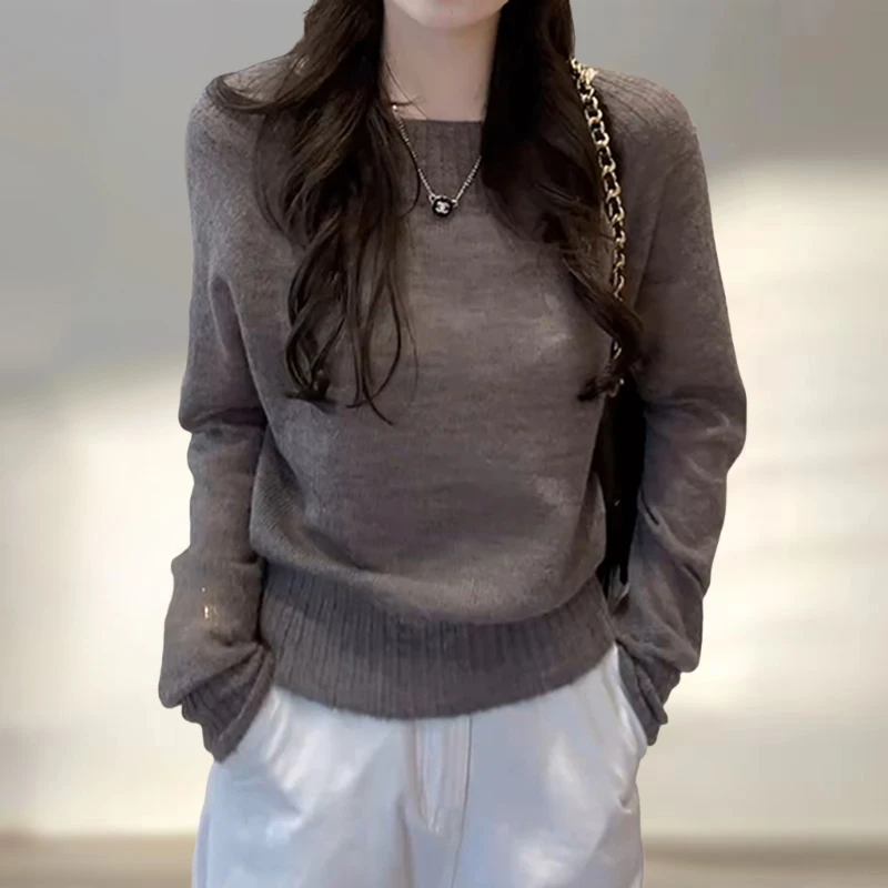 韩系慵懒风纯色圆领针织衫女早秋轻薄舒适减龄宽松显瘦大码上衣