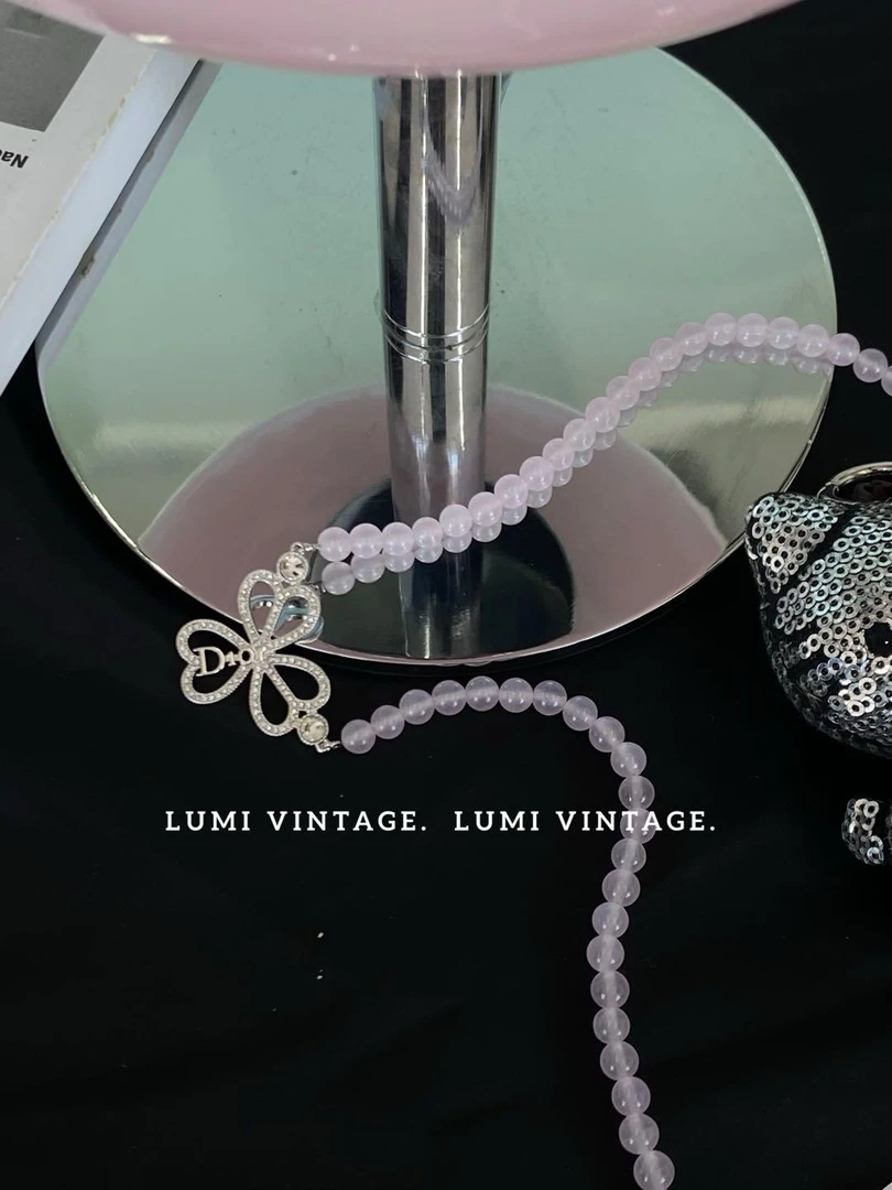 95新 DIOR/迪奥 粉色水晶石三叶草爱心项链64617349