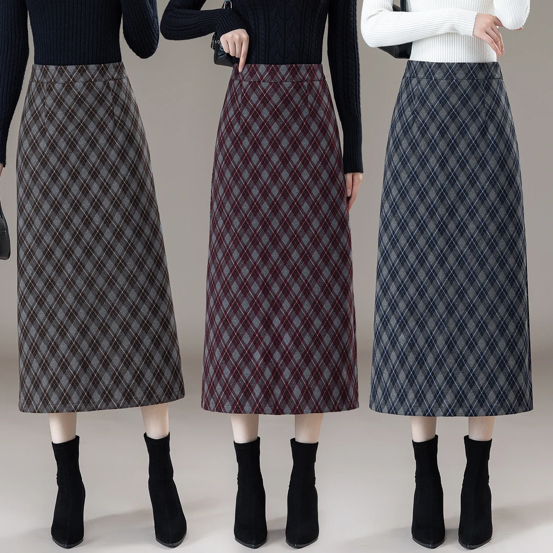 La babite格子半身裙秋冬2025新款直筒裙中长款高腰包臀开叉裙子