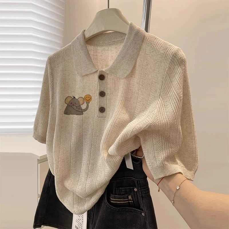 夏季新款流行甜美小象PoLo领T恤独特百搭减龄上衣设计感小衫薄