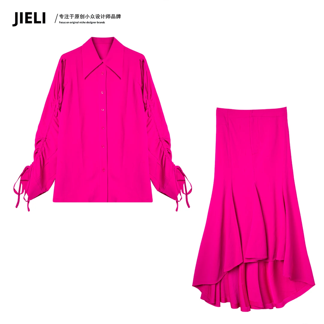 JIE LI/街力定制春季新款设计师潮流玫粉色套装女W753气质上衣