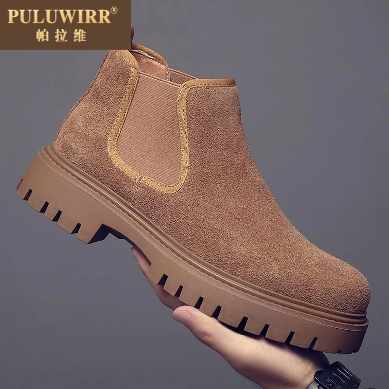 秋季新款高筒厚底大头马丁靴男冬季翻毛皮工装时尚潮流大黄靴复古