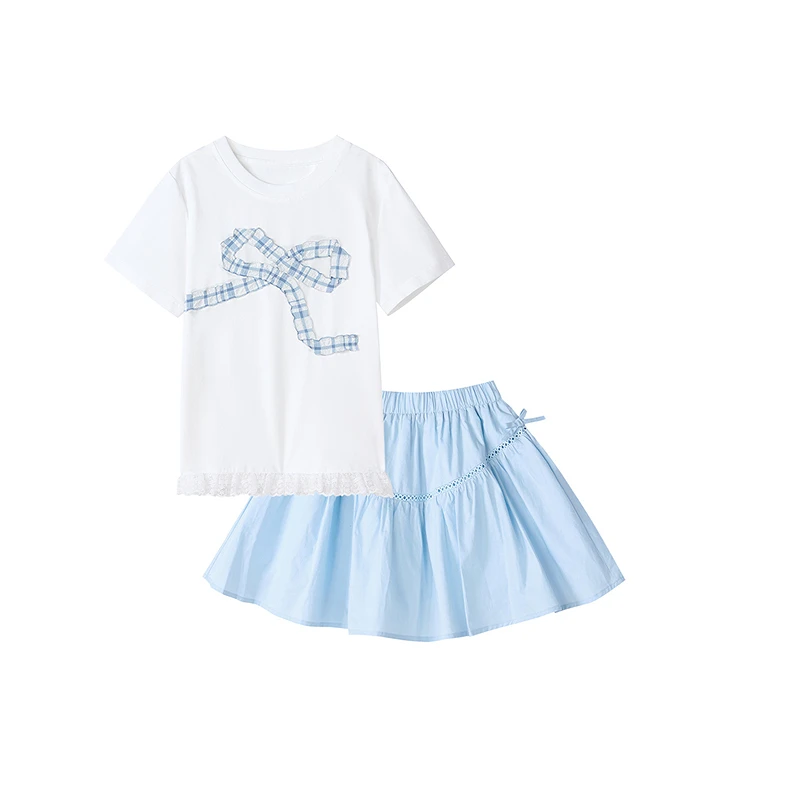 笛莎女童夏季新款套装中大童休闲百搭蝴蝶结半裙套装-9M252T301