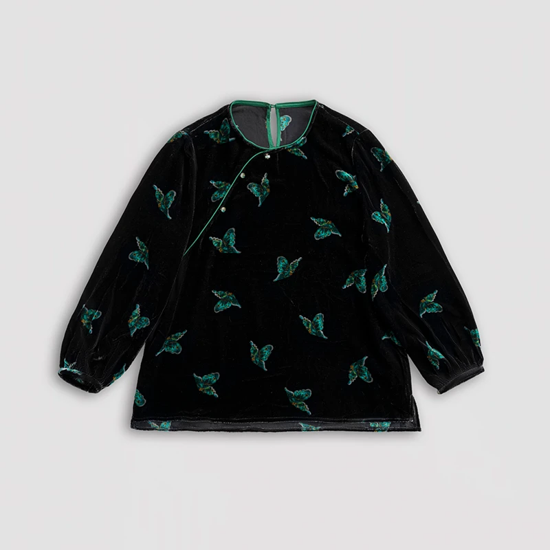 100桑蚕丝（青凤）真丝丝绒显瘦气质轻奢减龄套头上衣--61623