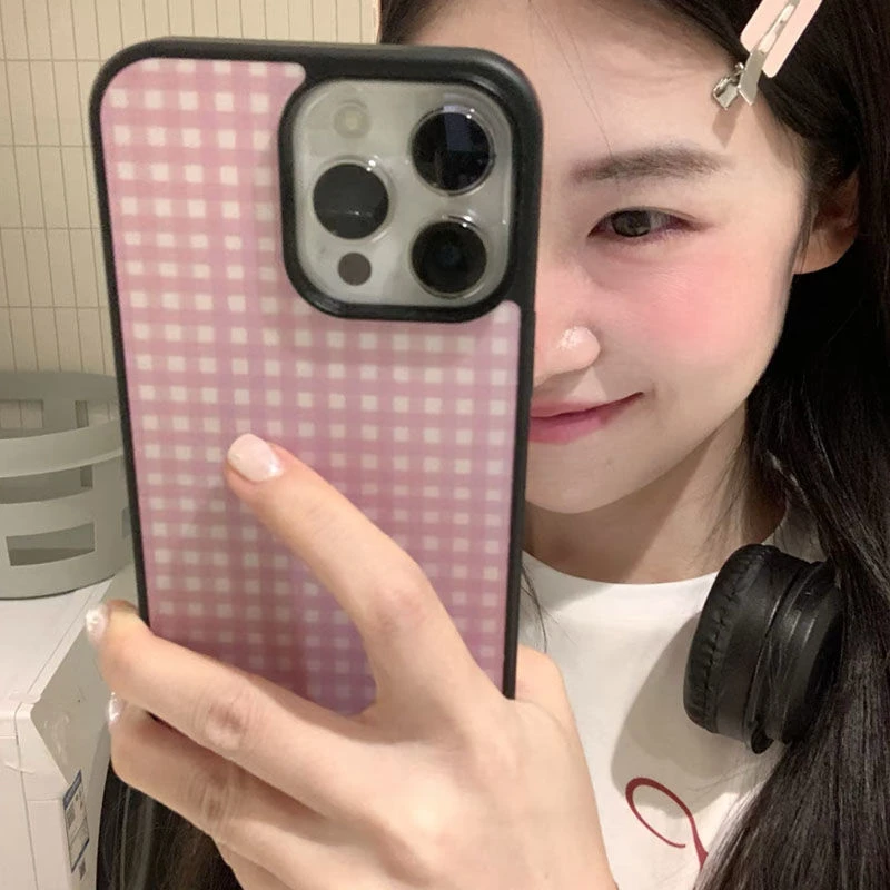 新款韩系韩系粉色格子iPhone16proamx手机壳适用苹果女小众12网红