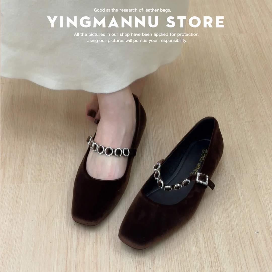 法式简约方头浅口一字带低跟绒面玛丽珍鞋2025春秋款贵气百搭单鞋