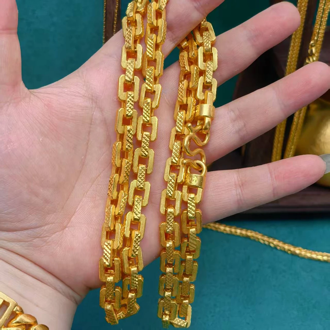 链子足银 男士时尚古法密卡链车花方块项链中式复古大气坦克链