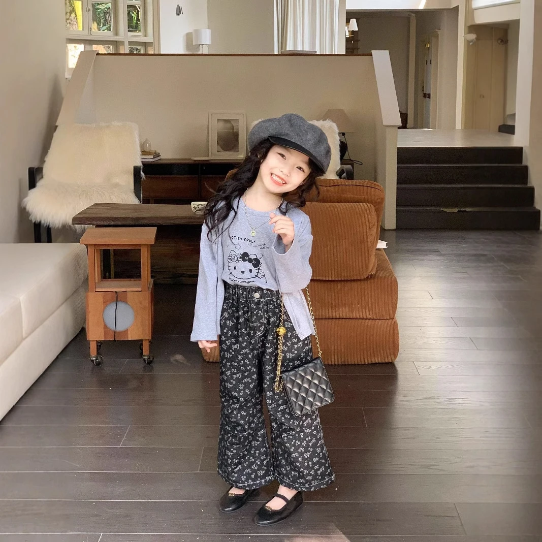 女童春季韩版字卡通背心针织开衫外套碎花直筒裤儿童时髦三件套装