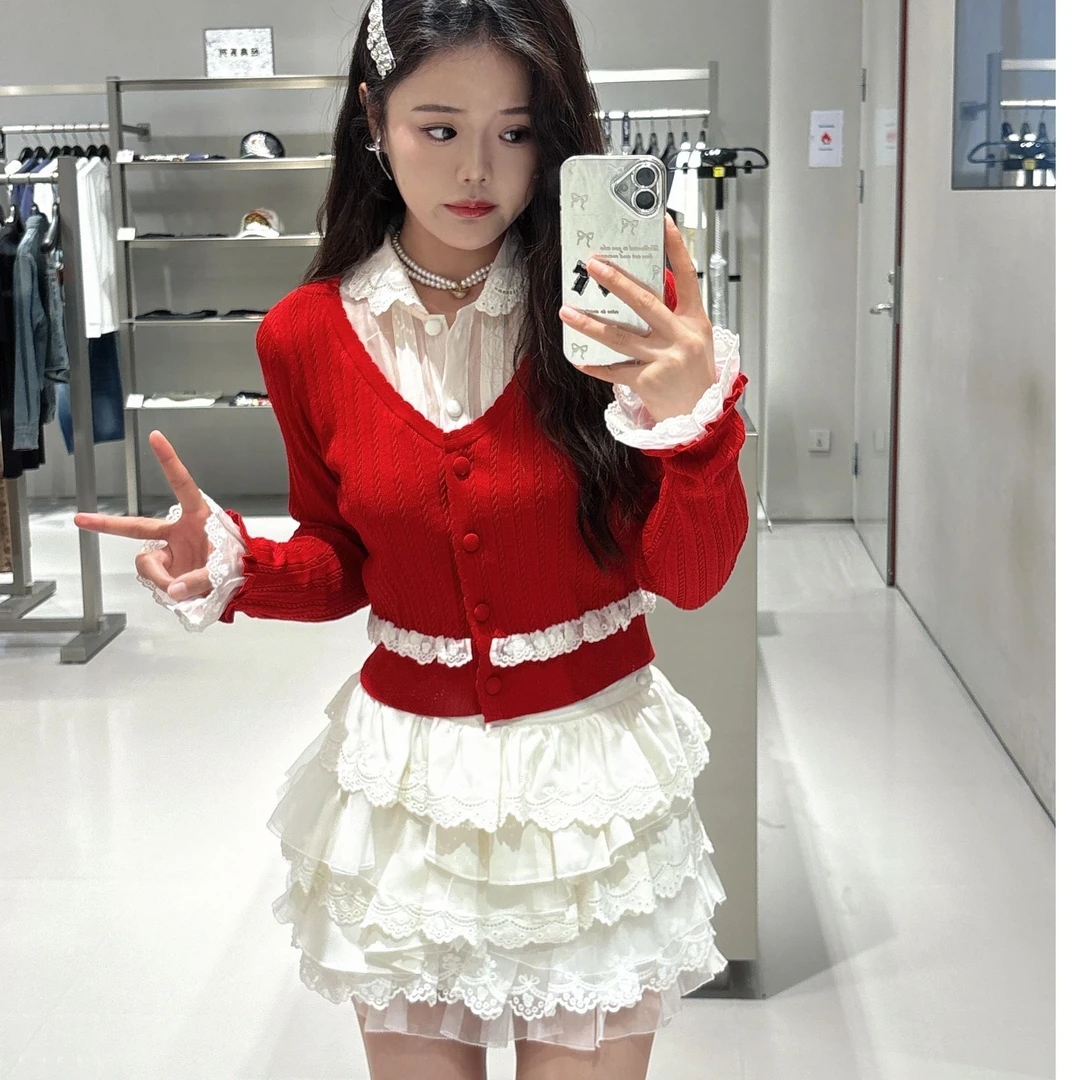 拉家（氧气少女）秋季新款复古撞色红色V领针织开衫长袖上衣女