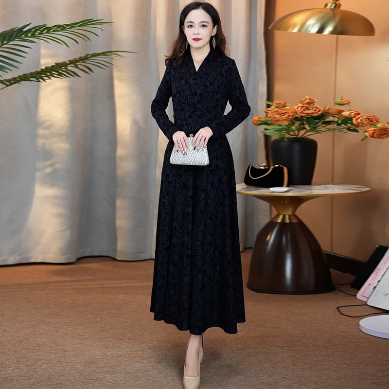 新款湛蓝色植绒烧花秋冬连衣裙女修身气质腰果花显瘦大摆长款裙子