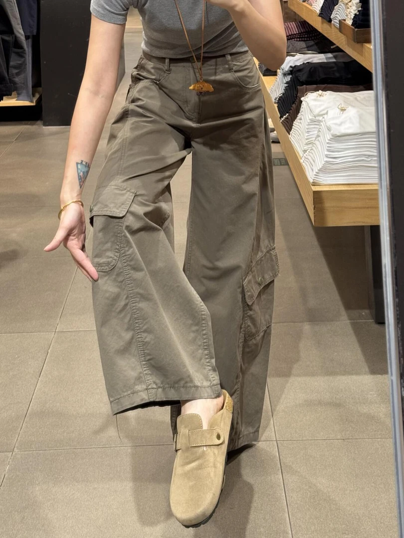 美式复古绿工装阔腿弯刀牛仔裤女秋季新款大码胖mm宽松设计感显瘦