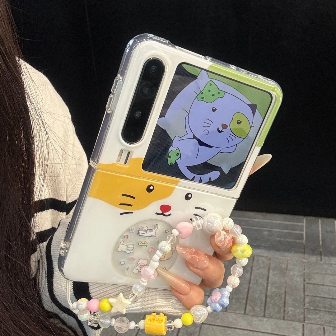 适用华为purax典藏版折叠屏手机壳PuraX白底小怪镂空闪粉猫咪链条