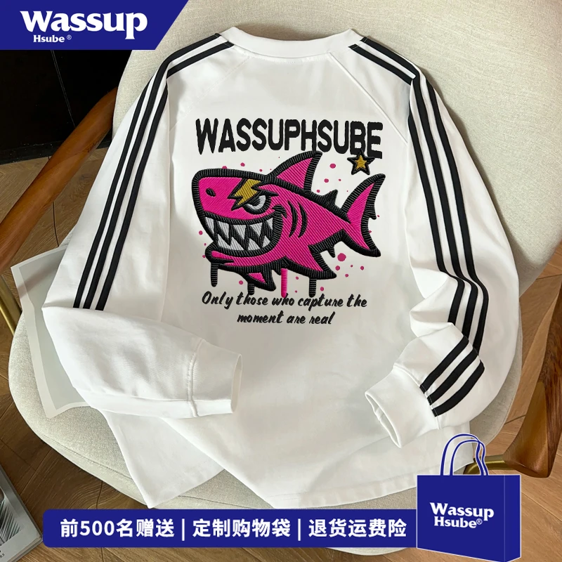 WASSUP HSUBE美式鲨鱼字母印花上衣男女秋季ins潮牌三条杠长袖T恤