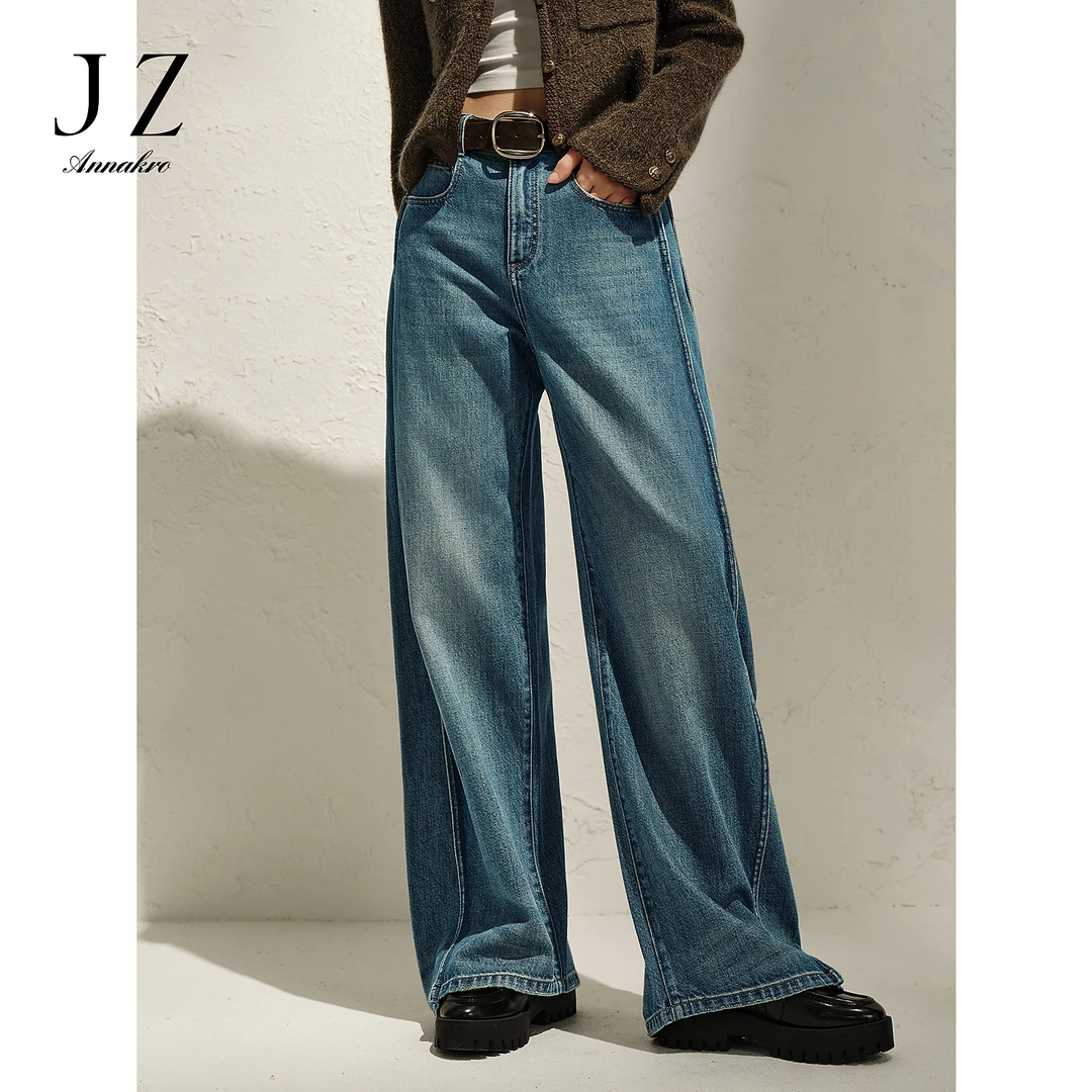 玖姿安娜蔻复古丹宁风做旧全棉牛仔弯刀裤KWFC12109新款KWFQ12171
