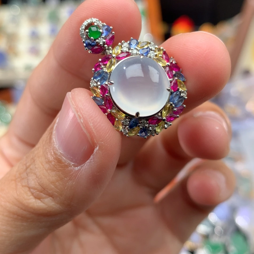 吊坠(不含链)18K金镶嵌翡翠蛋面吊坠