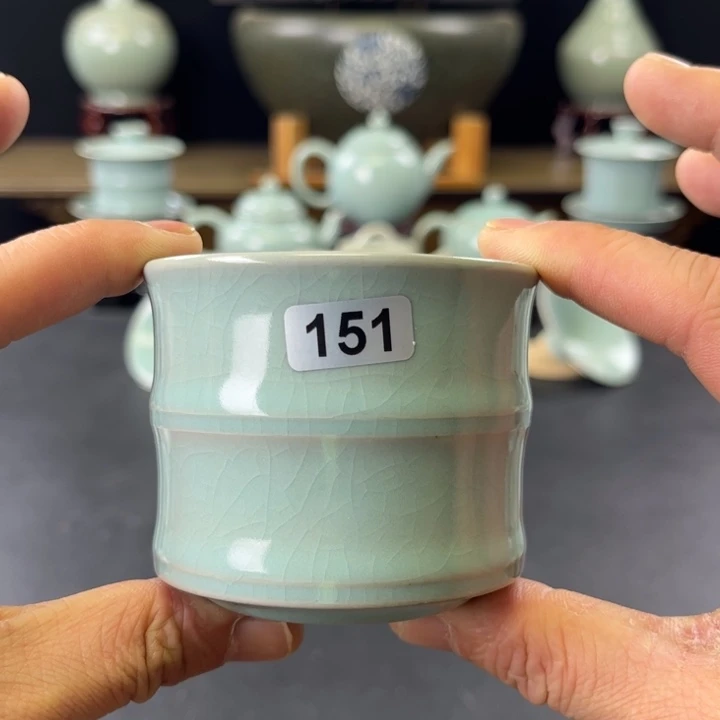 杯仿古釉汝官窑竹节杯151号微瑕捡漏
