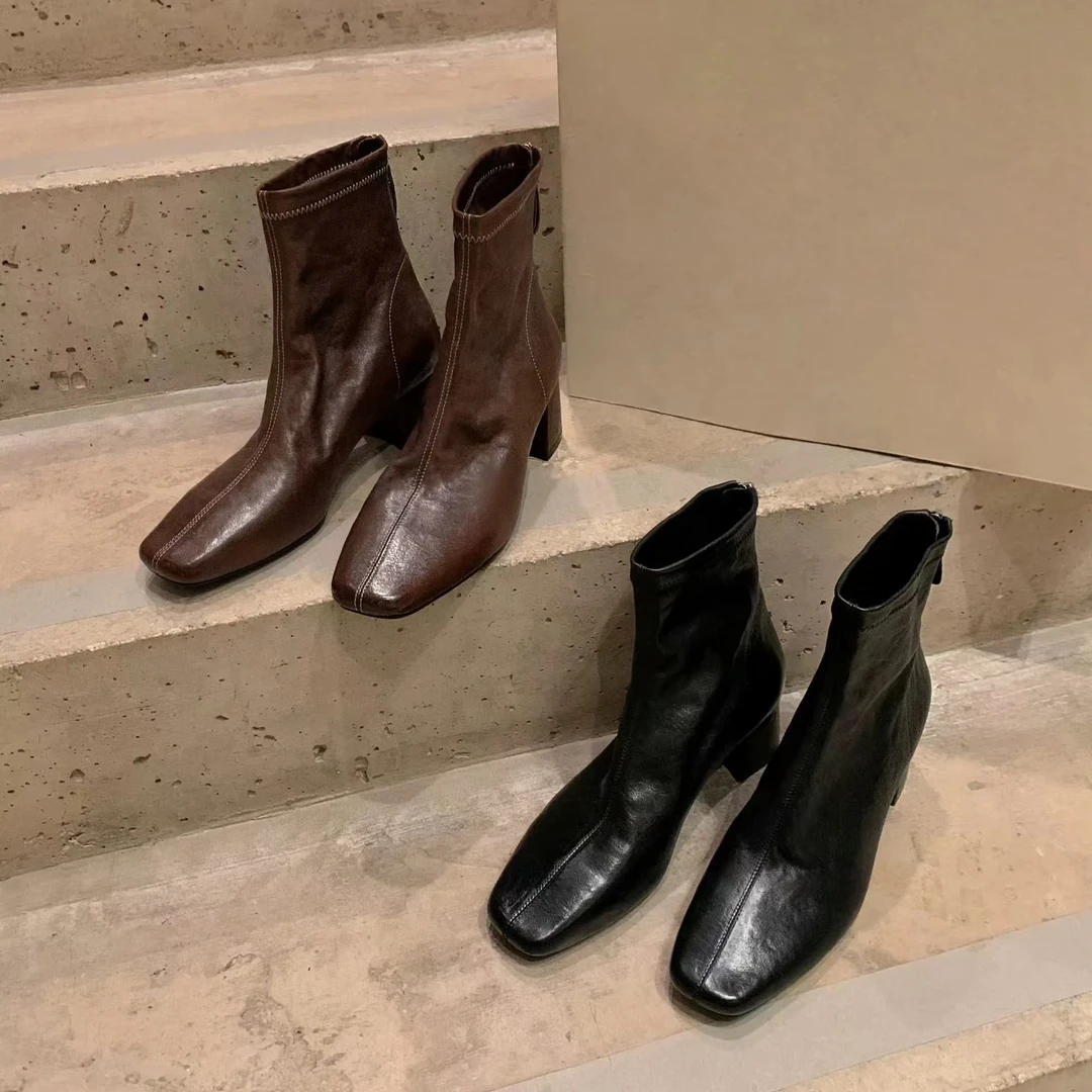 【葡萄家】法式小方头做旧缩纹马皮显瘦百搭粗跟瘦瘦短靴女春秋新款