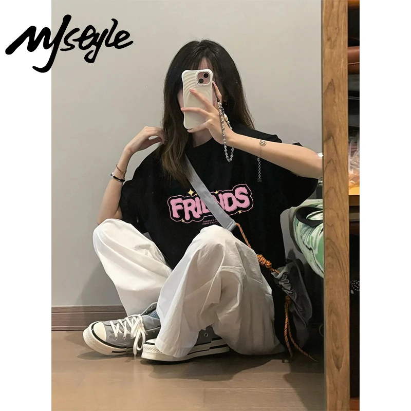 MJSTYLE短袖t恤女纯棉2025夏季新款青少年美式高街重磅潮牌打底衫