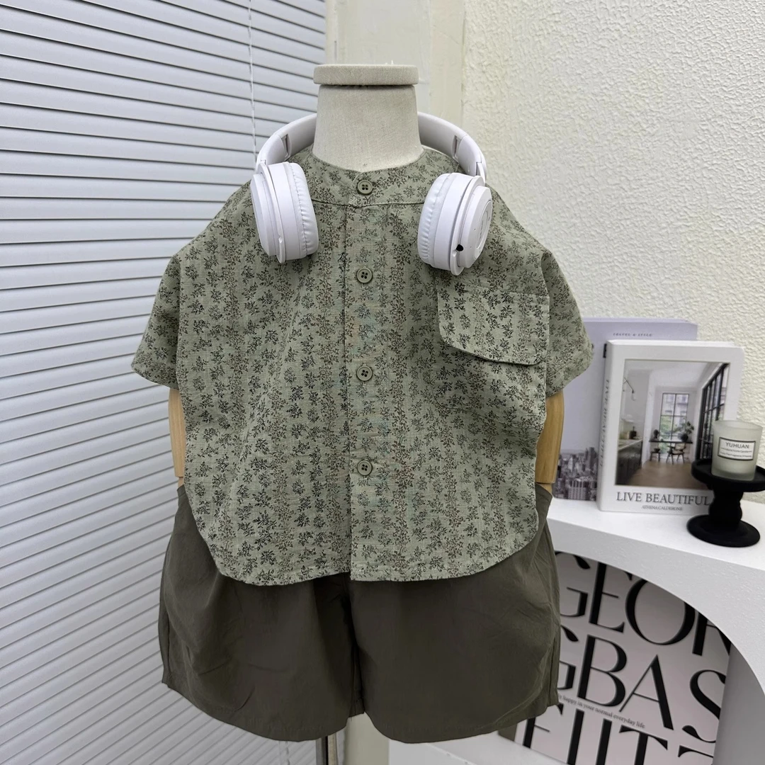 男童夏季短袖套装2025新款儿童夏装薄款碎花衬衫两件套男孩夏装潮