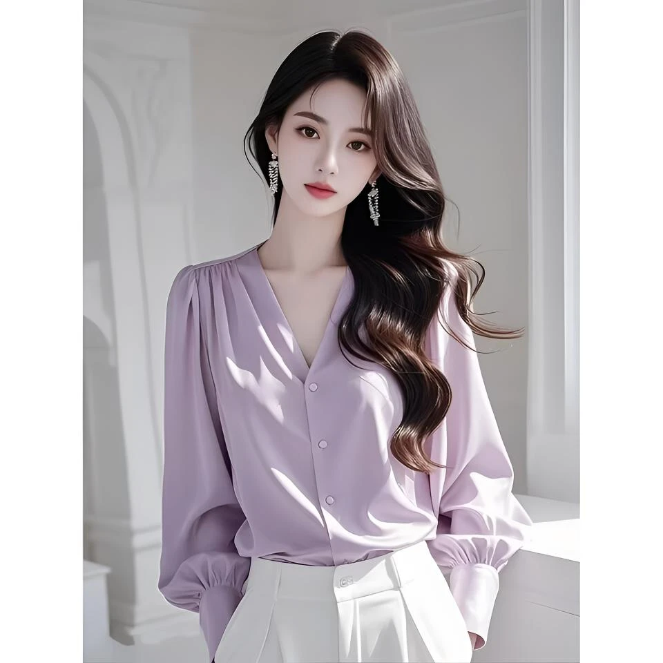 洋气小衫内搭紫色v领衬衫赫本风法式小众上衣女2025春季