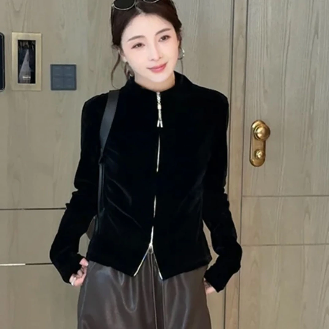 收口袖秋季拉链拼接女透气短外套显瘦丝绒开衫上衣