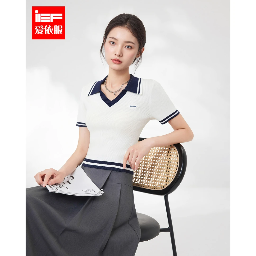 IEF/爱依服2025夏季新款学院风美式拼色减龄短款毛织上衣流光风