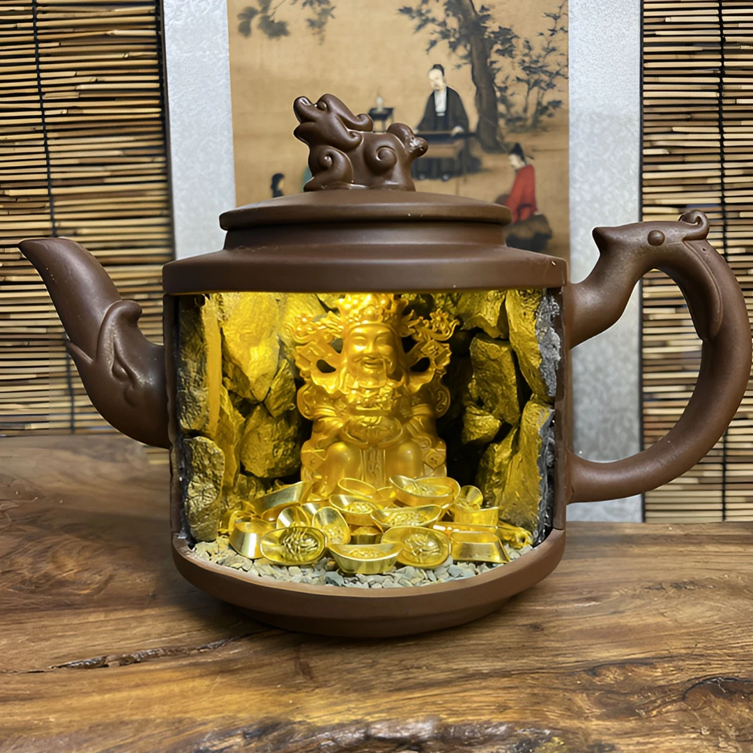 紫砂壶手工微景观 实心金属大号财神创意摆件