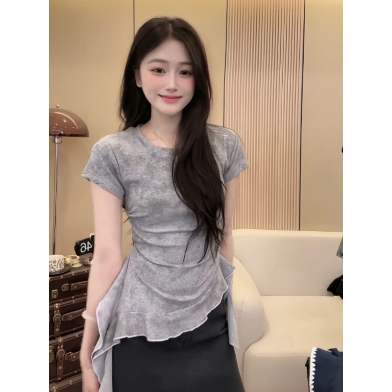 大码胖mm别致设计感不规则荷叶边飘带上衣女夏季新款修身显瘦T恤