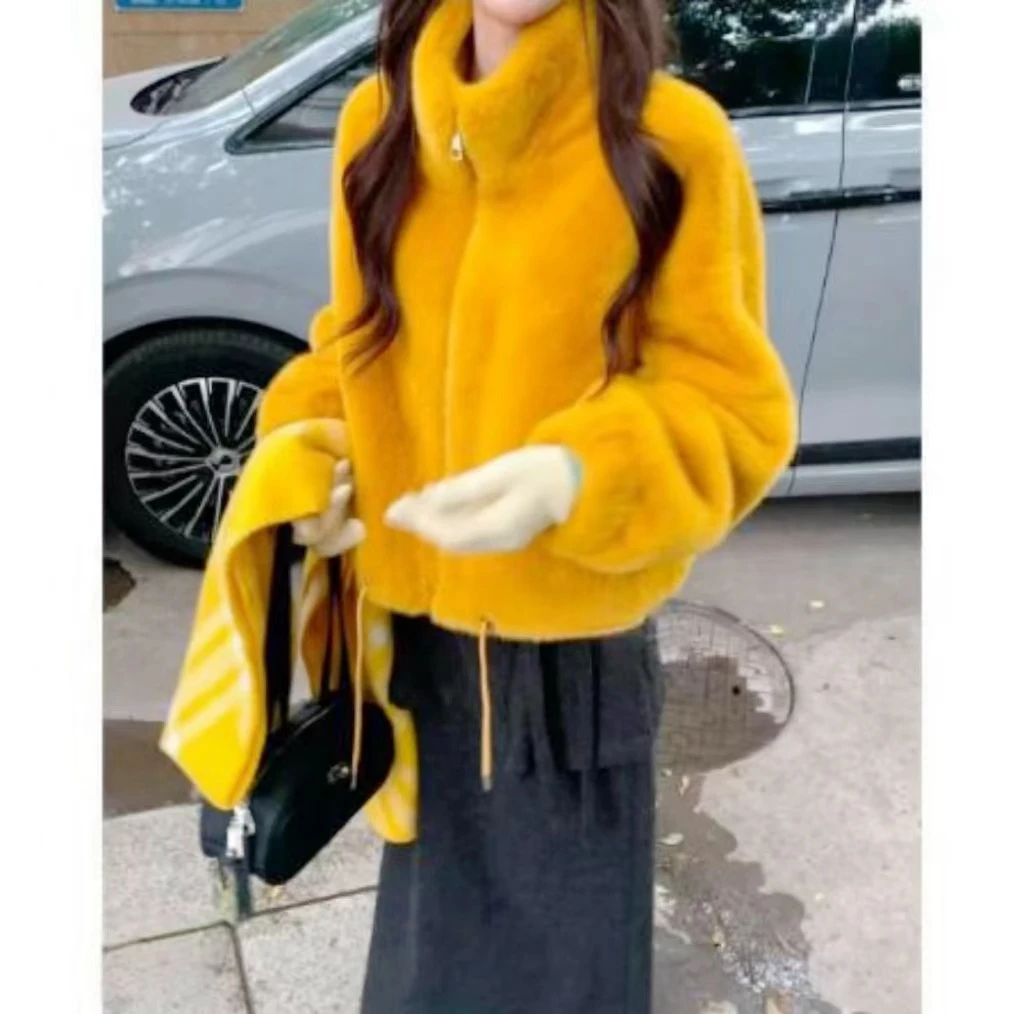 L448806-高级感韩系立领外套女2025冬季新款宽松加厚保暖开衫上衣