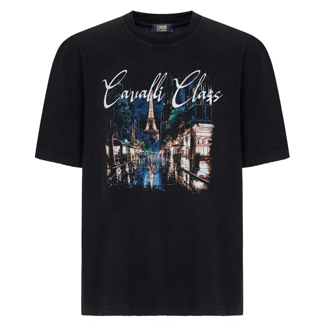 Cavalli Class26夏水洗做旧系列破坏工艺巴黎街景短袖纯棉RWC783商品图