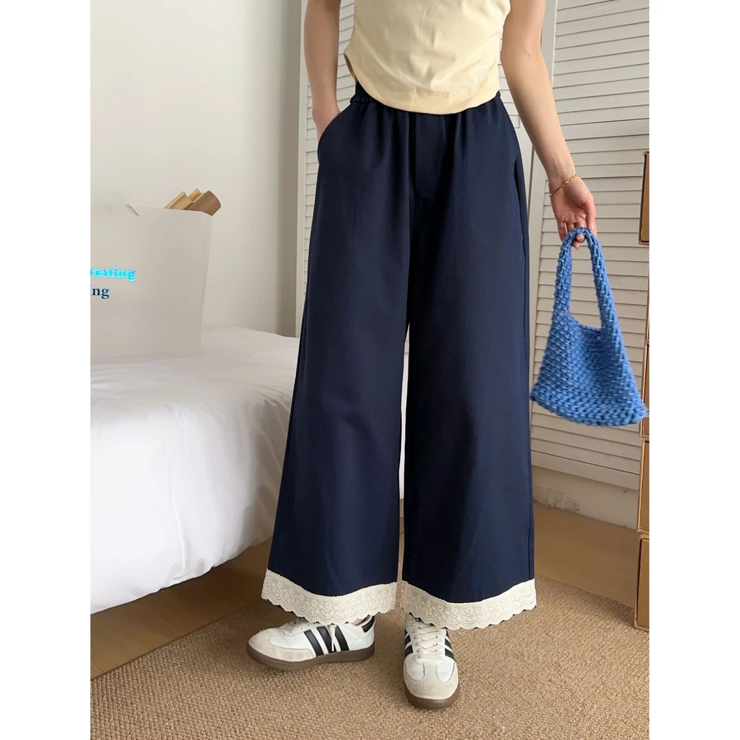 2025春夏季新款宽松显瘦蕾丝花边九分阔腿裤子高腰垂感直筒休闲裤