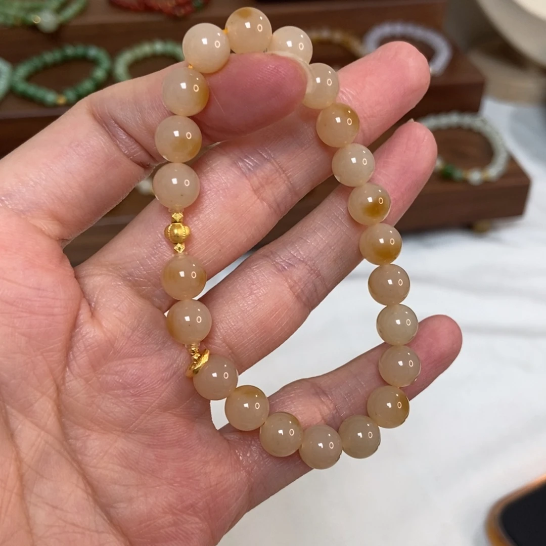 18K金镶嵌手链和田玉8mm糖白精品