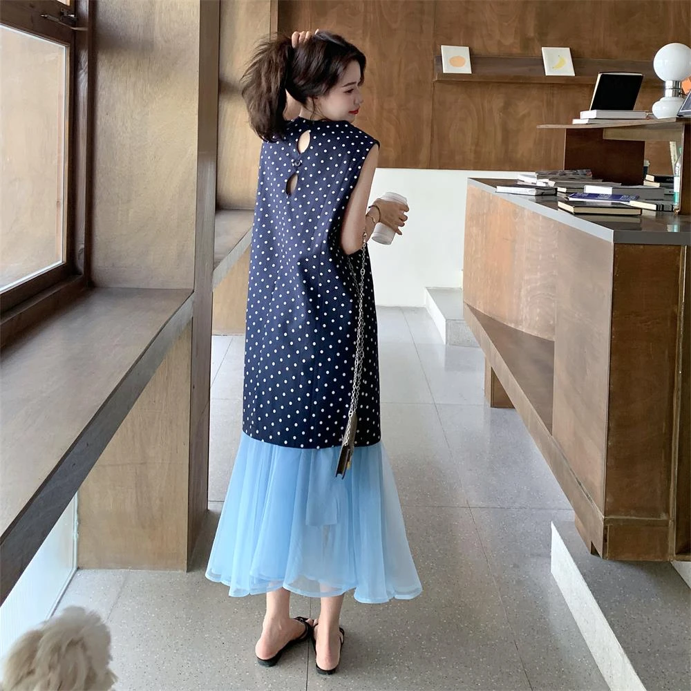小心机无袖波点连衣裙女夏2025新款网纱鱼尾拼接长裙流行爆款时尚