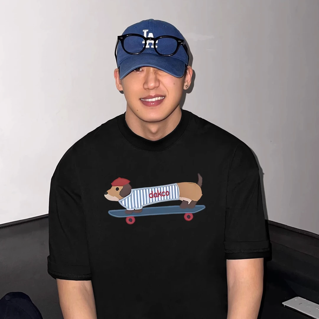 HIP潮牌腊肠狗印花t恤短袖美式原创印花纯棉重磅宽松半袖体恤上衣