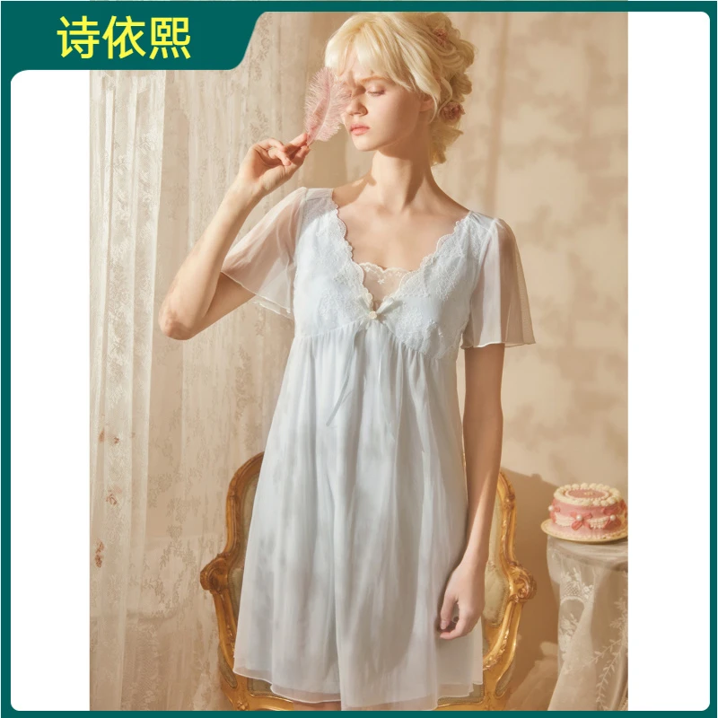 性感睡裙女夏季法式短袖V领公主蕾丝睡衣带胸垫一体夏天