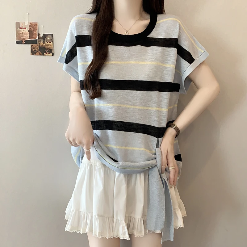 大码绑带设计感条纹冰丝短袖T恤女夏季胖妹妹宽松百搭飞飞袖上衣