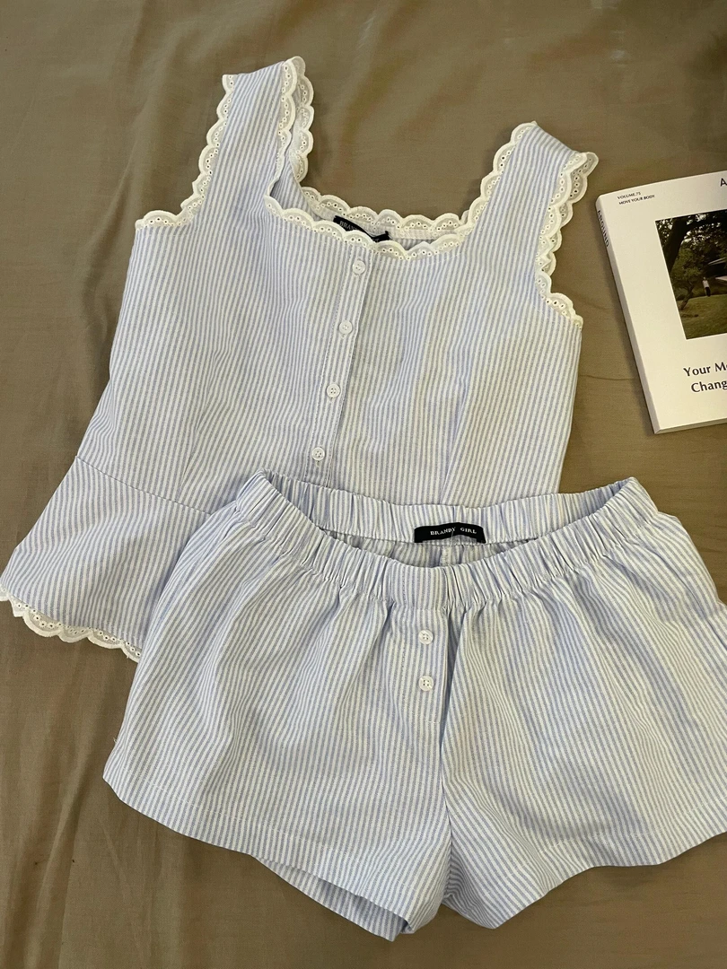 条纹花边领背心睡衣少女夏季吊带短裤家居服套装ins韩系可外穿