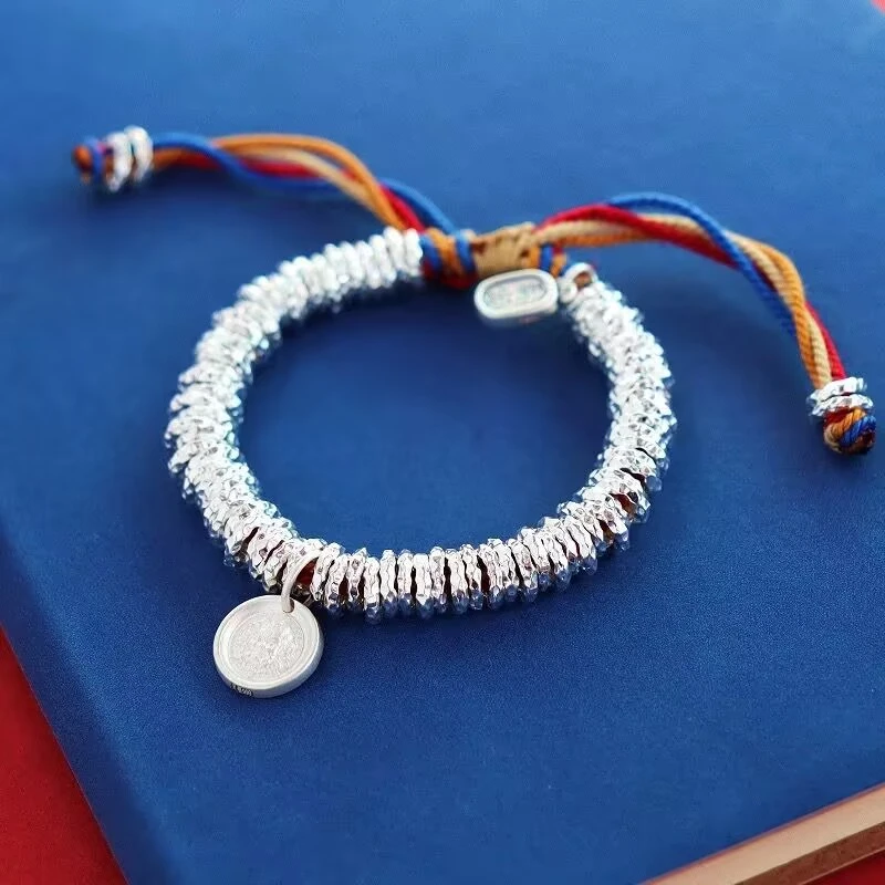 足银手链 【艾比银】足银999手工锤纹盘缠手链