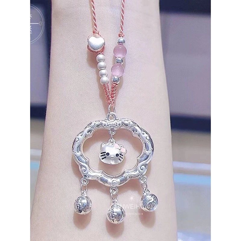 坠链均足银 银9999灵动KT凯蒂猫吊坠卡通锁镂空爱心项链