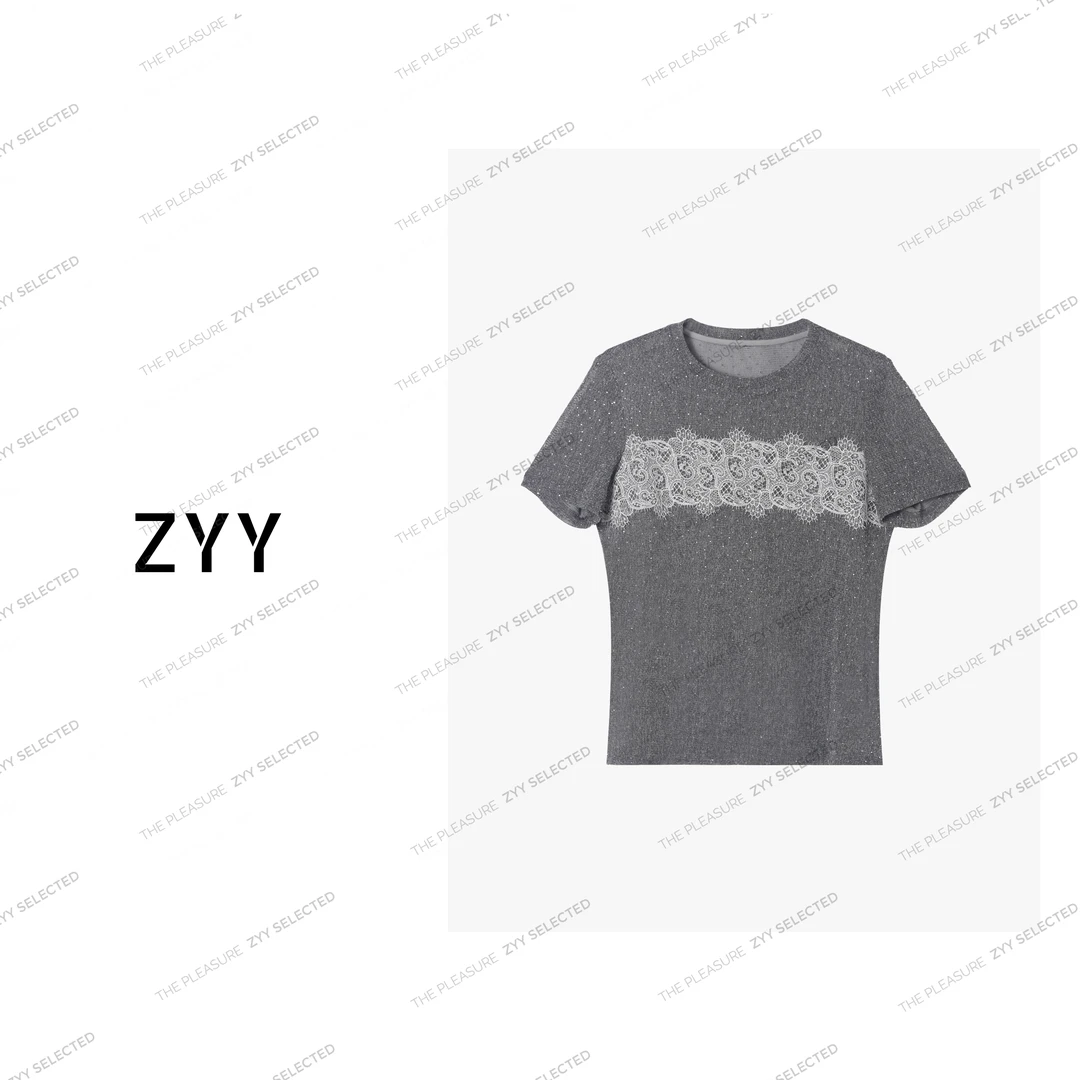 ZYY【夏日提尼】2025S/S新品星空灰烫钻蕾丝圆领短袖T恤X25XTX00678
