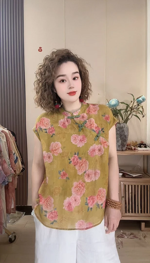 成人印花印染立领斜襟透气衬衫宽松紫色民族墨时尚新中式夏季复古