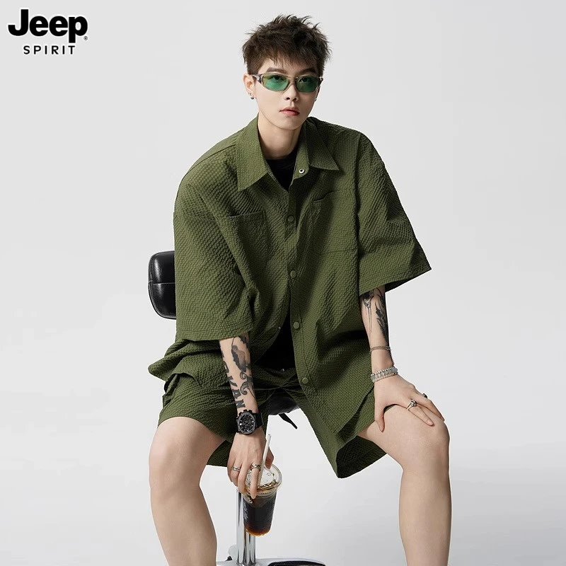 Jeep吉普夏季泡泡纱短袖衬衫休闲套装男女宽松百搭五分短裤两件套