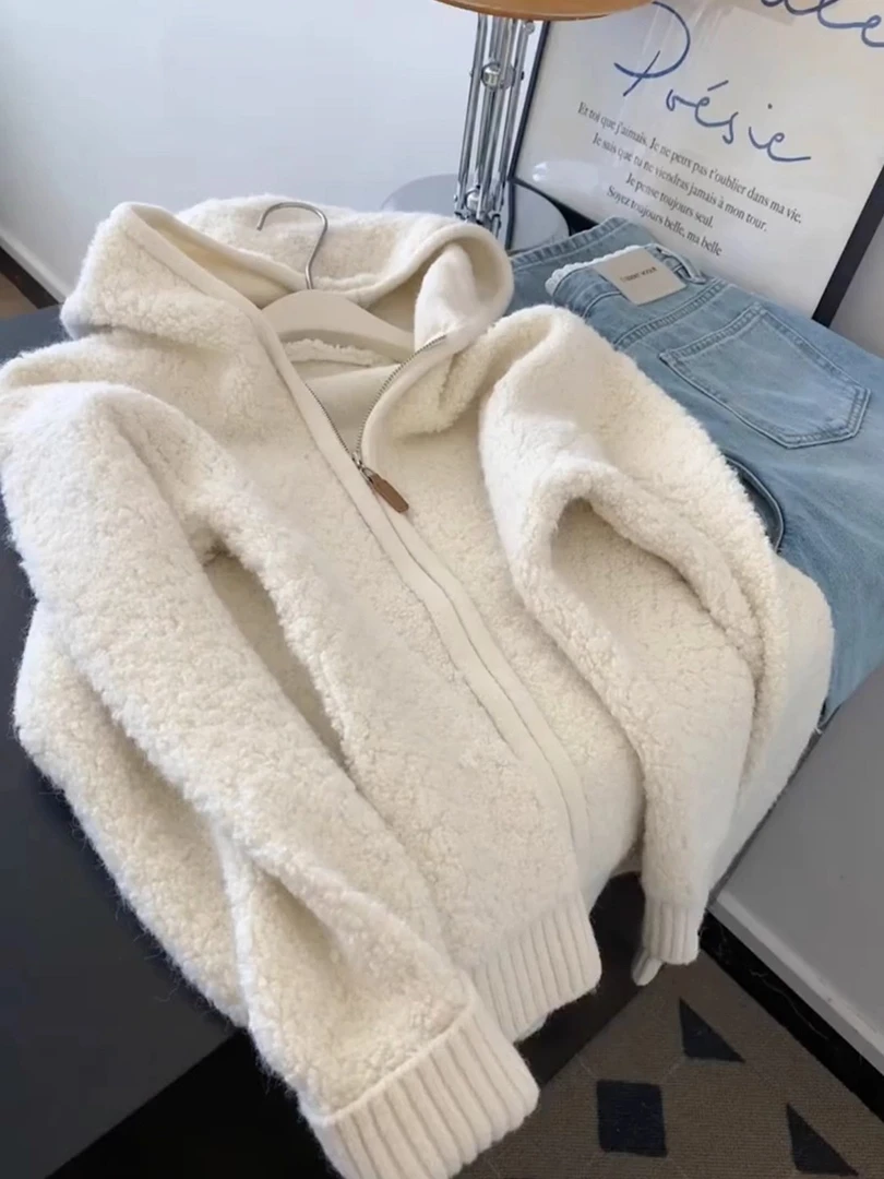 自留爆款推荐~米白色连帽软糯毛衣外套女秋新款百搭宽松针织开衫