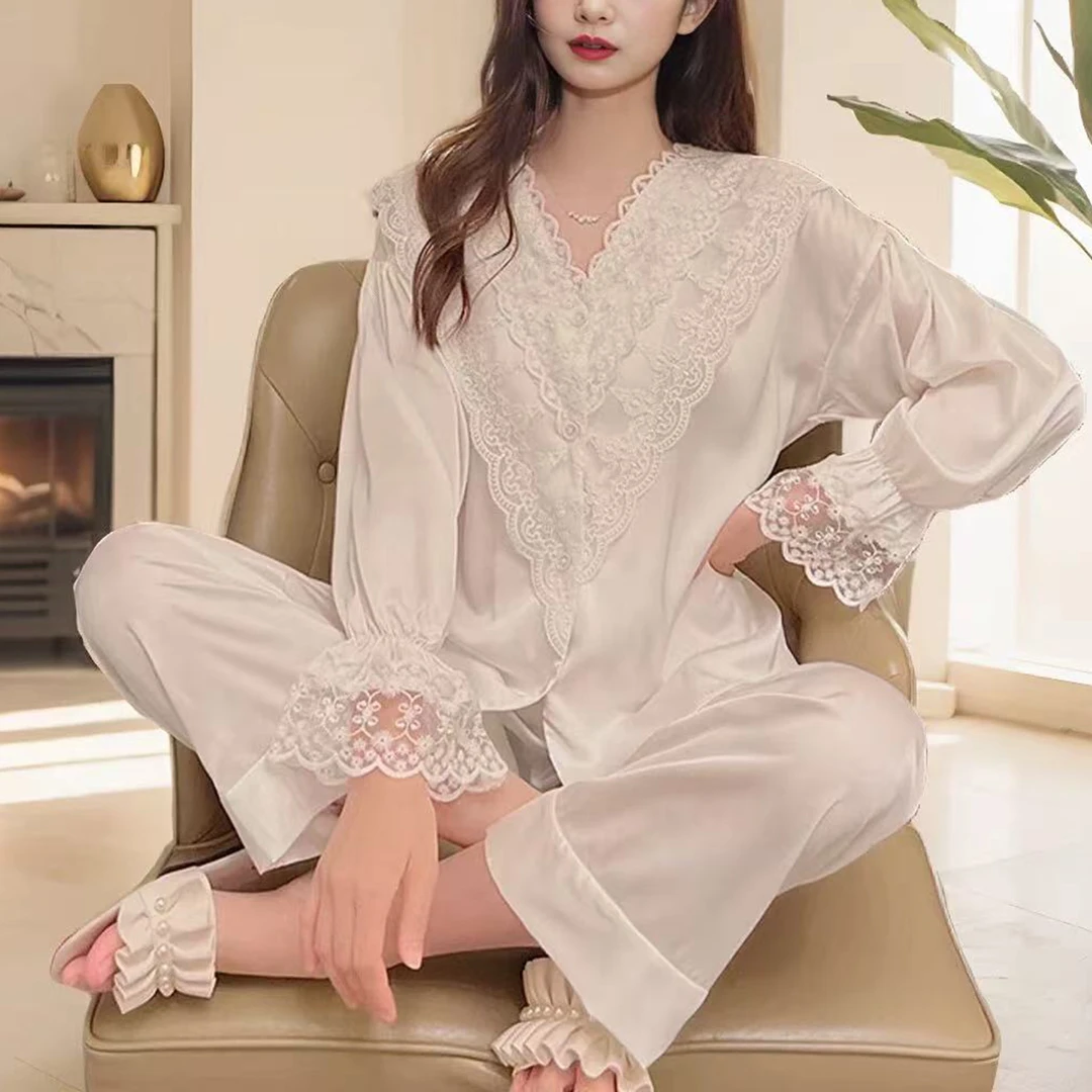 Q2734【特价-占单者限购】甜美宫廷风公主蕾丝花边长袖睡衣套装