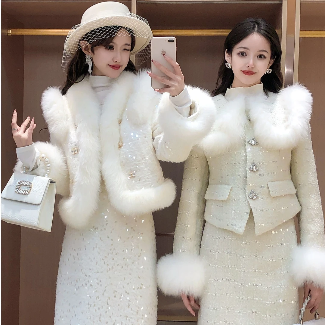 艾日秀定制●冬款小香气质名媛重工亮片毛毛短外套半身裙套装E8402