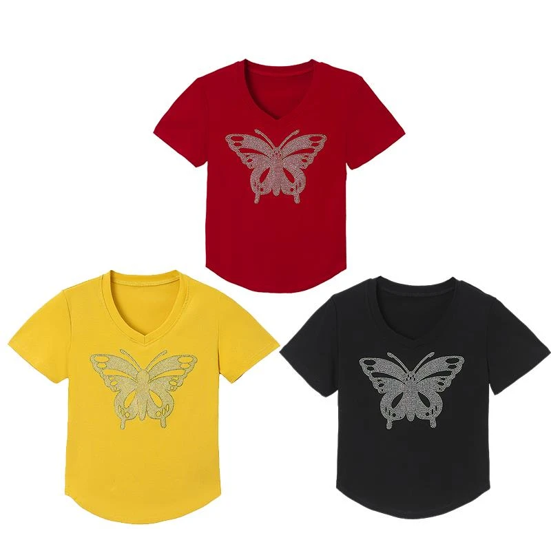 杨丽萍新款广场舞服装上衣棉烫钻弹力短袖薄款运动跳鬼步舞蹈衣服